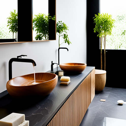 Ein elegantes Badezimmer mit natürlichen Elementen wie Holz und Pflanzen, auf einem Marmorwaschtisch liegt eine Auswahl von handgemachten, ökologischen Seifen.